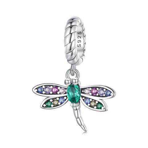 925 Sterling Silver Dragonfly Charm Bead Colorful Cubic Zirconia Animal Pendant For DIY Bracelet Necklace Women Jewelry
