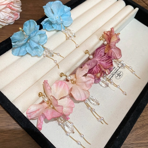 Pendientes Largos Borla Flor Tela Con Poste Plata Perla Artificial Imitación Gotas Cristal Vidrio Joyería Moda Para Mujer