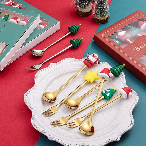 Christmas Cutlery Stainless Steel Spoon And Fork With Silicone Santa Claus Tree Decor Cartoon Tableware Holiday Party