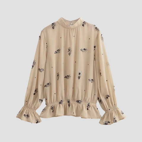 Women Floral Sequin Embroidery Chiffon Blouse Stand Collar Long Sleeve Ruffle Cuff Elastic Waist Top