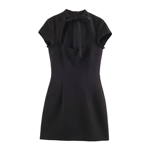 Dames Mini Jurk Polyester Uitgesneden Strikje Col Mouwloos Nauwsluitend Polkadots Zwart Sexy Retro