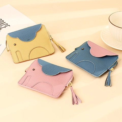 Genuine Leather Mini Elephant Coin Purse Cartoon Animal Shape Zipper Wallet Card Holder Keyring For Women Daily Accessories