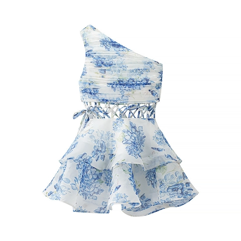 Vestito Corto Floreale Monospalla Chiffon Volant Strati Ritaglio Vita Annodata Estate Vacanze Dolce Elegante Donna