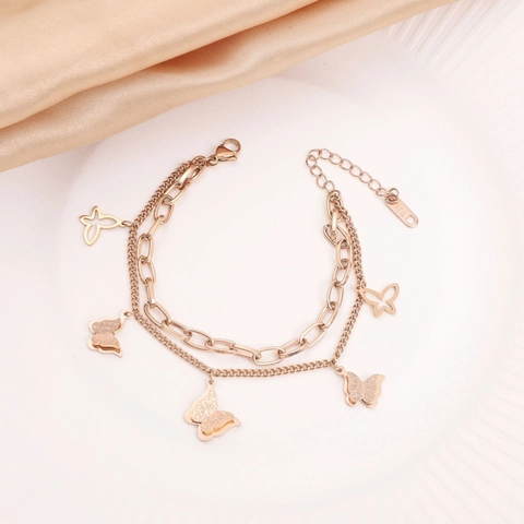 Korean Style Double Layer Butterfly Bracelet For Women Stainless Steel Gold Rose Gold Silver Elegant Adjustable Link Chain Jewelry