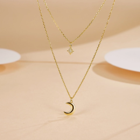 Mehrlagige Halskette 925 Sterling Silber Stern Mond Anhänger Zirkonia Elegant Süß Schmuck Für Damen Geschenk
