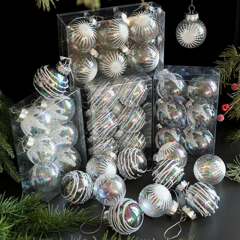 Ornamenti Per Palle Di Natale Iridescenti Palle Plastica Per Albero Motivi Glitterati Bianchi Spirale Stellata Decorazione