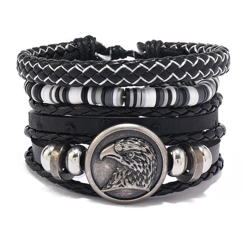 Men Multi Layer Leather Bracelet Vintage Eagle Head Relief Braided Wax Cord Alloy Metal Beads Soft Clay Adjustable Wristband