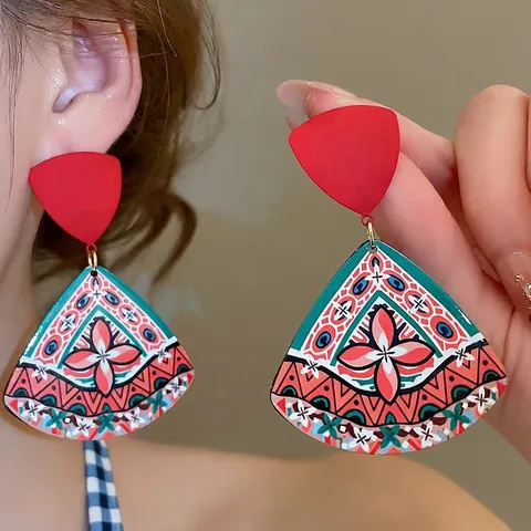 Bohemian Ethno Fächerförmige Ohrhänger Mit 925 Sterling Silber Ohrstecker Acryl Floral Geometrischer Schmuck Damen