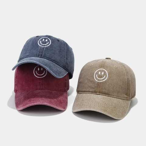 Vintage Washed Cotton Baseball Cap Smiley Face Embroidery Adjustable Sun Protection Retro Casual Hat Men Women