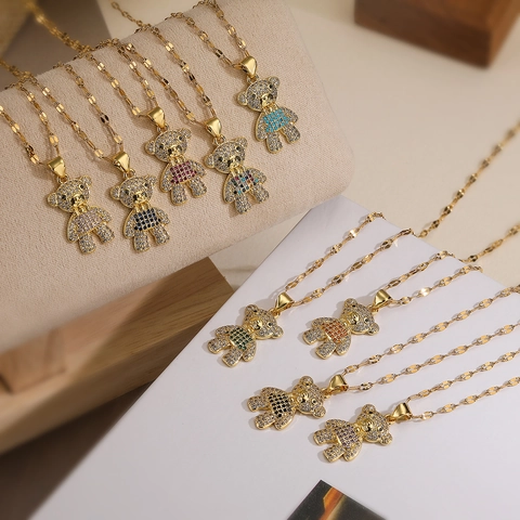 Copper Gold Plated Zirconia Cute Bear Pendant Necklace For Women Teddy Bear Clavicle Chain Fashion Jewelry Animal Gift