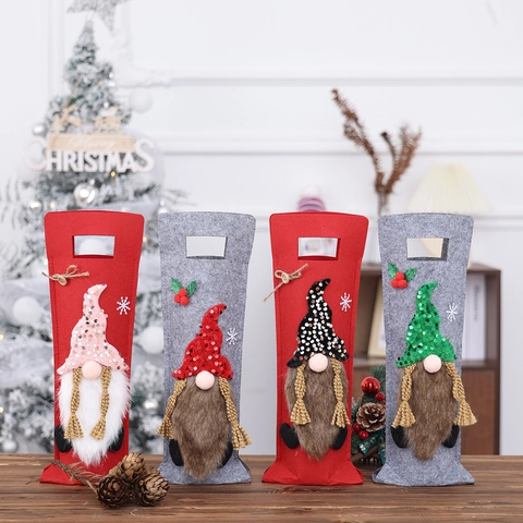 Funda Para Botella De Vino De Navidad Bolsa De Regalo Fieltro Lentejuelas Gnomo Tomte Con Asa Decoración Mesa Fiesta Cena