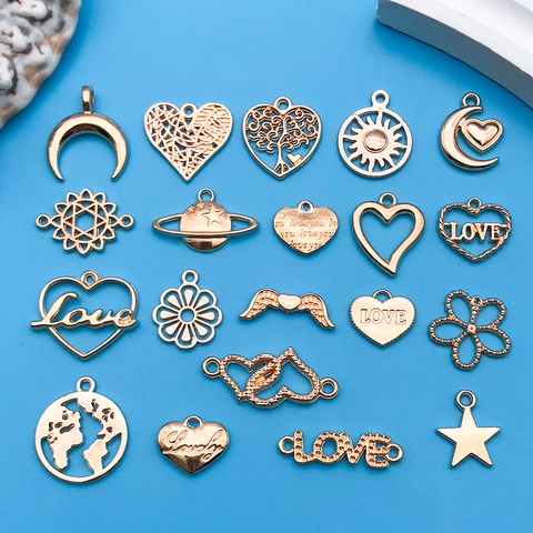 Hollow Heart Love Letter Charms Zinc Alloy Star Moon Pendants For DIY Bracelet Necklace Jewelry Making Gold Tone Retro