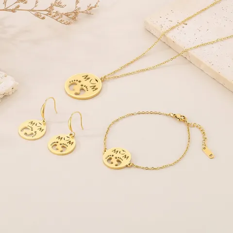 Stainless Steel MOM Necklace Bracelet Earrings Round Hollow Baby Footprint Mother's Day Gift For Women Jewelry