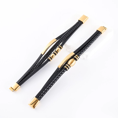 Bracelet Homme En Cuir PU Tressé Multicouche Avec Fermoir Magnétique En Acier Inoxydable 304 Et Perles Style Rétro