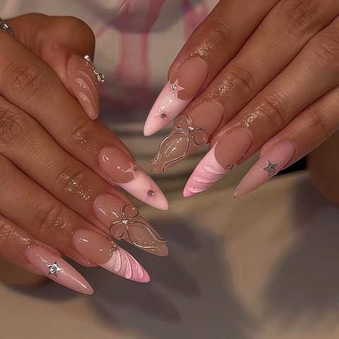 Pink Press On Nails 3D Silver Bow Heart Star Long Stiletto French Glossy Fake Nails With Adhesive Tabs And File