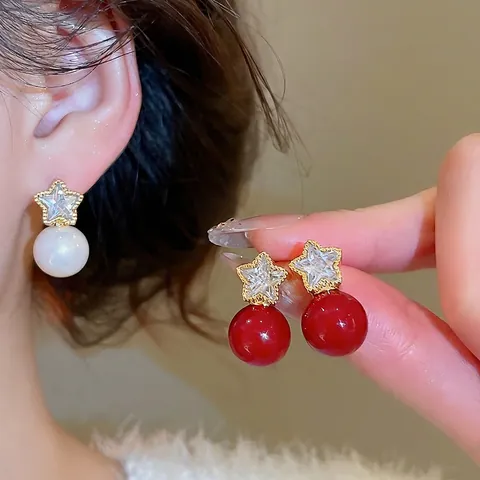 Orecchini A Lobo Con Stella E Perla Artificial Con Zircone Lega Placcata Oro E Perno In Argento Gioielli Eleganti Vintage Francesi