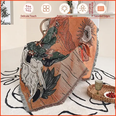 Bohemian Woven Blanket Cotton Jacquard Throw With Tassel Fringe For Sofa Couch Outdoor Camping Picnic Western Desert Style