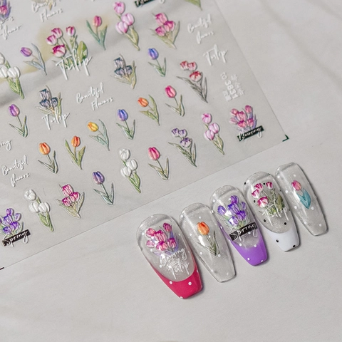 3D Relief Nail Art Stickers Embossed Floral Tulip Daisy Design Self Adhesive Manicure Decals Spring Textured Decor