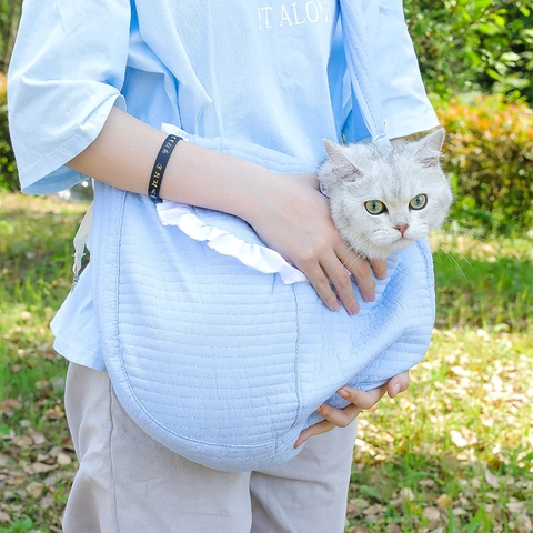 Pet Carrier Bag Quilted Cotton Ruffle Trim Wide Shoulder Strap Crossbody Slings For Small Cats Dogs Outdoor Travel