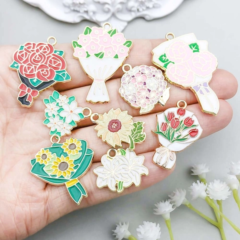 Flower Bouquet Charms Zinc Alloy Enamel Drip Oil Rose Sunflower Tulip For Diy Jewelry Making Necklaces Bracelets Crafts