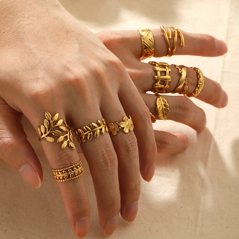 Adjustable Open Rings For Women Stainless Steel 18K Gold Plated Geometric Snake Leaf Flower Hollow Style Trendy Jewelry