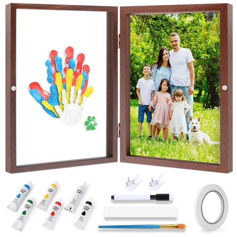 Cadre Shadow Box DIY pour Empreintes Familiales Avec Peinture Acrylique Double Cadre Photo en Bois à Charnières Magnétique