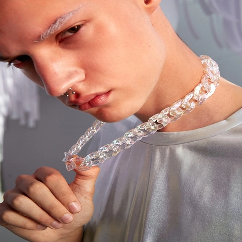 Collier À Grosse Chaîne Acrylique Irisé Couleur AB Bleu Mat Punk Choker Pour Femmes Hommes Réglable Bijou De Cou