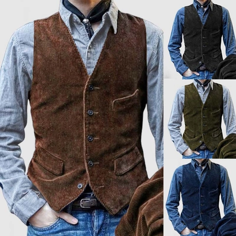 Men's American Retro Workwear Vest British Vintage Slim Fit Corduroy Waistcoat Single Breasted Casual Multi Pocket Top