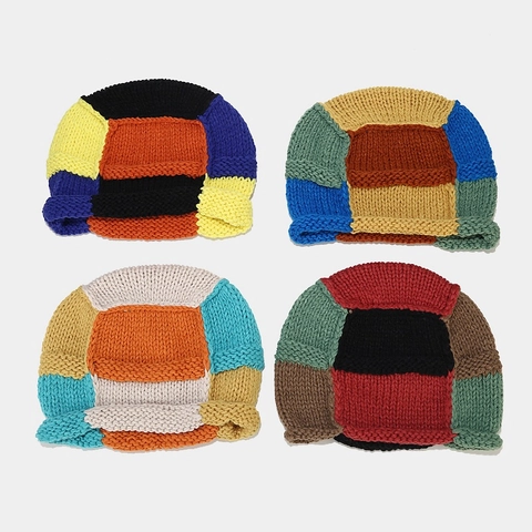 Beanie Knit Hat Patchwork Contrast Color Acrylic Warm Winter Handmade Vintage Women