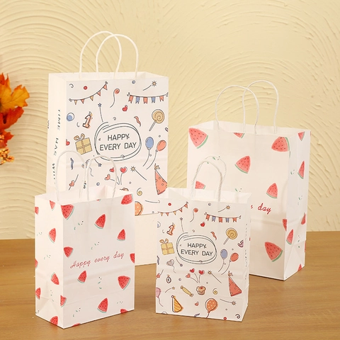 Cartoon Watermelon Party Pattern Paper Gift Bag With Handle White Portable Shopping Wrap Bag For Birthday Celebration Party