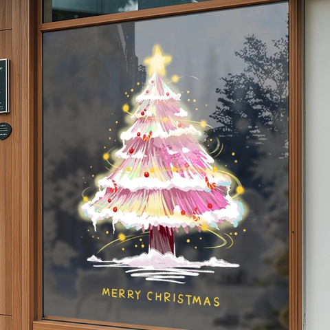 Adesivi Per Finestre Albero Di Natale PVC Decalcomanie Statiche Senza Colla Decorazioni Porte Vetro Rosa Bianco Natale