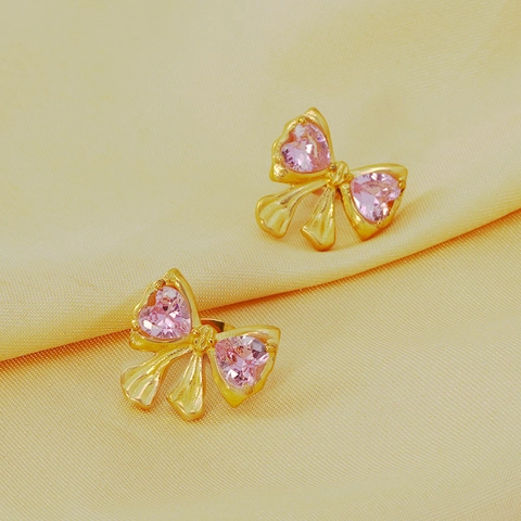 Schmetterling Schleife Ohrstecker Edelstahl PVD 18k Vergoldet Mit Rosa Herz Zirkon Elegante Süße Schmuck Frauen