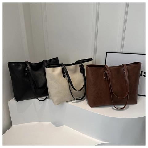 Women Vintage Large Capacity Tote Bag Minimalist PU Leather Contrast Color Shoulder Bag Office Commuter Elegant Handbag