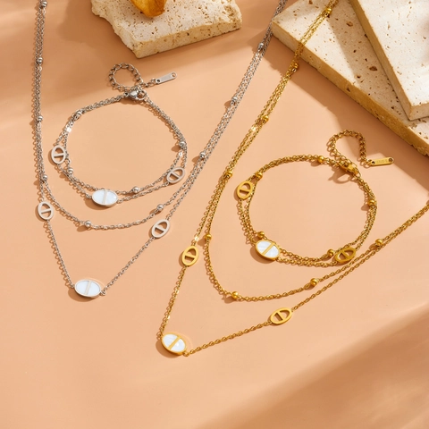 Stainless Steel Necklace And Bracelet White Shell Inlay Double Layer Hollow Oval Link Fashion For Women