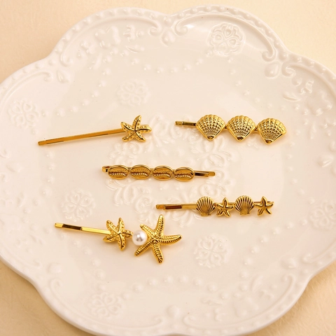 Pinzas Para El Cabello Elegantes Estrella De Mar Y Concha Acero Inoxidable Chapado En Oro Con Perla Artificial Marina Para Mujer