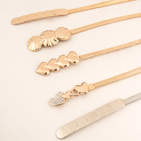 Women's Metallic Elastic Waist Chain Belt Heart Leaf Buckle Gold Silver Rhinestone Inlaid Stretchy Skinny Belt For Dress