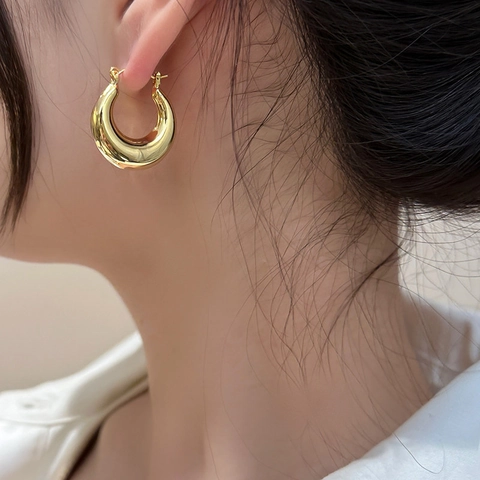 Chunky Hoop Oorbellen Hoogglans Goud Metaal Geometrische Druppel Ronde Oorsluitingen Mode Sieraden Voor Dames Dagelijks