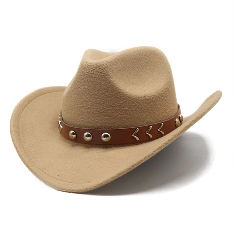 Cappello Cowboy Western Vintage Feltro Lana Tesa Larga Fedora Con Cintura Pelle Borchie Metallo Uomini Donne