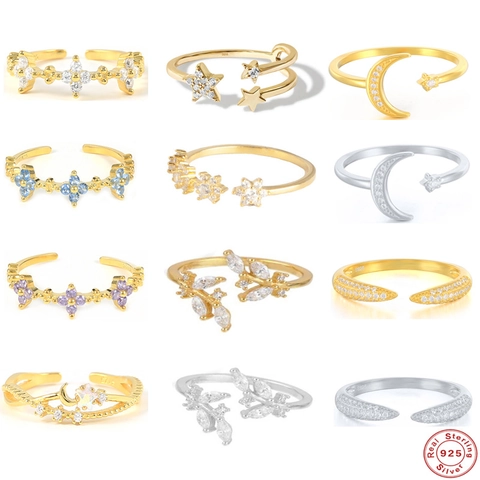 925 Sterling Silver Adjustable Open Rings For Women Cubic Zirconia Moon Star Leaf Floral Motif Minimalist Finger Jewelry Ring