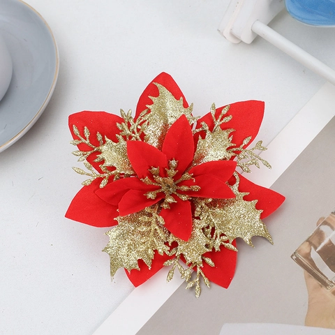 Artificial Christmas Poinsettia Flower Head Glitter Silk Fake Flowers For Xmas Tree Wreaths Wedding Party Holiday Decoration