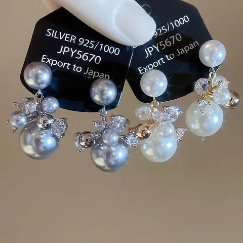 Elegant Cluster Artificial Pearl Stud Earrings With Zircon And 925 Sterling Silver Earring Post 14K Gold Plated Luxury Women Jewelry