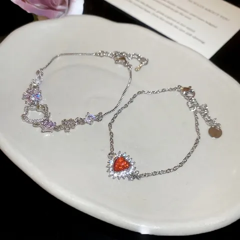 Heart Pendant Bracelet Copper Zircon Inlaid Cartoon Cat Shape Charm Adjustable Silver Color Jewelry For Women
