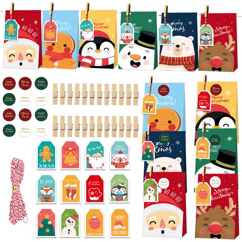 Weihnachts Kraftpapier Geschenktüten Mit Holzklammern Anhängern Seil Feiertagsverpackung DIY Dekor Cartoon Weihnachtsmann Muster