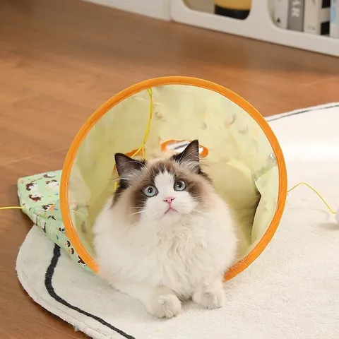 Interactive Collapsible Cat Tunnel Toy Polyester Crinkle Paper Pet Play Bag With Hanging Plush Ball Cartoon Print Indoor