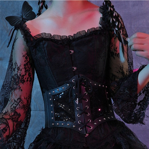 Women Gothic Faux Leather Corset Belt Lace Up Waist Cincher With Sequins Rivets Elastic Wide Waistband Vintage Punk Accessories
