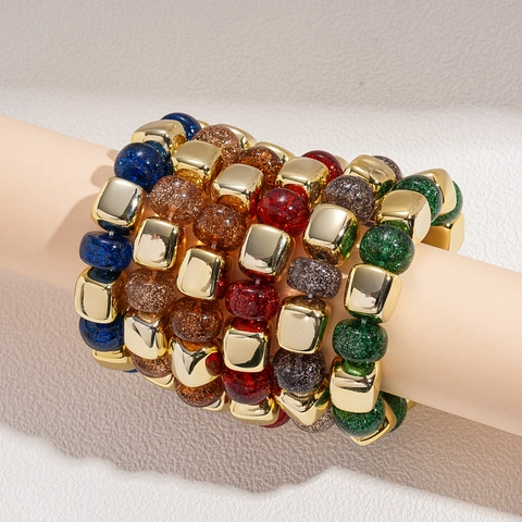 Bracciale Retro Con Perle Tonde In Acrilico Glitterato E Perle Quadrate In Lega Placcata Oro Gioiello Elastico Moda