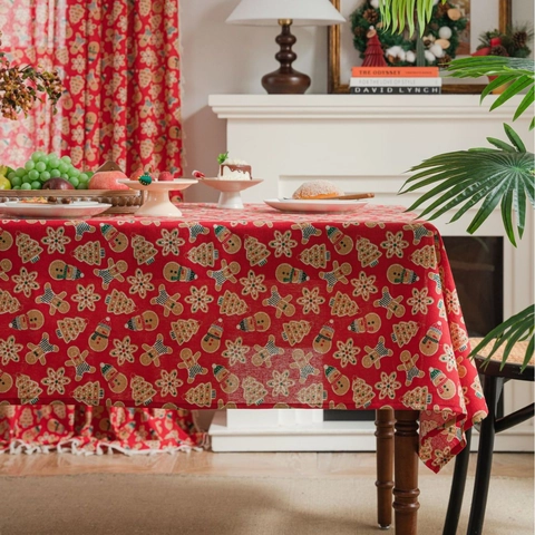 Mantel De Navidad De Algodón Y Lino Con Estampado De Hombre De Jengibre Y Copo De Nieve Rectangular Para Mesa