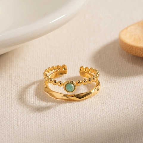 Layered Stainless Steel Ring 18K Gold Plated Green Amazonite Natural Stone French Vintage Retro Open Adjustable Women