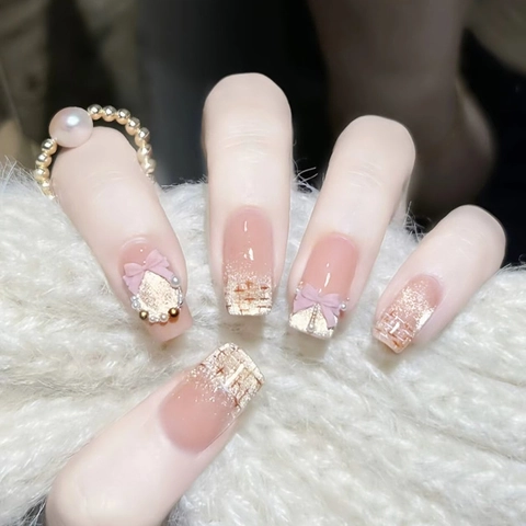 Press On Nägel Cat Eye Farbverlauf ABS Kunststoff Mit 3D Schleife Künstliche Perle Tweed Muster Eleganter Süßer Stil Für Damen