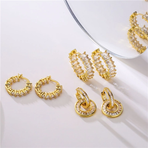 Orecchini A Cerchio Con Zirconi Baguette Rame Placcato Oro Geometrico Moda Semplice Donne Gioielli Eleganti